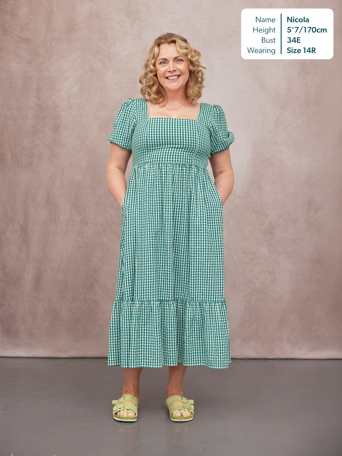 Judy Square Neck Dress - Green Gingham