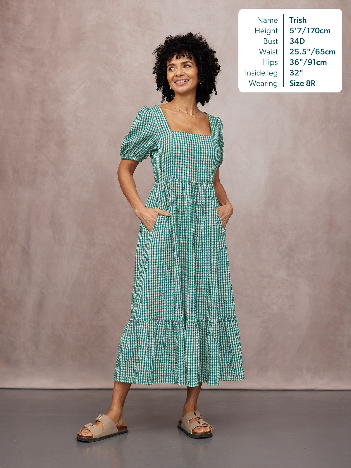 Judy Square Neck Dress - Green Gingham