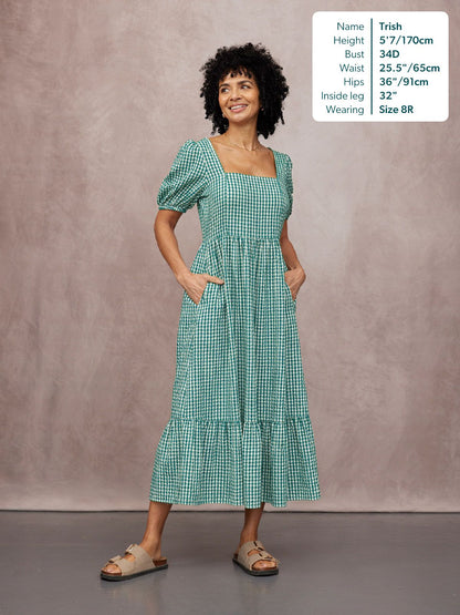 Judy Square Neck Dress - Green Gingham