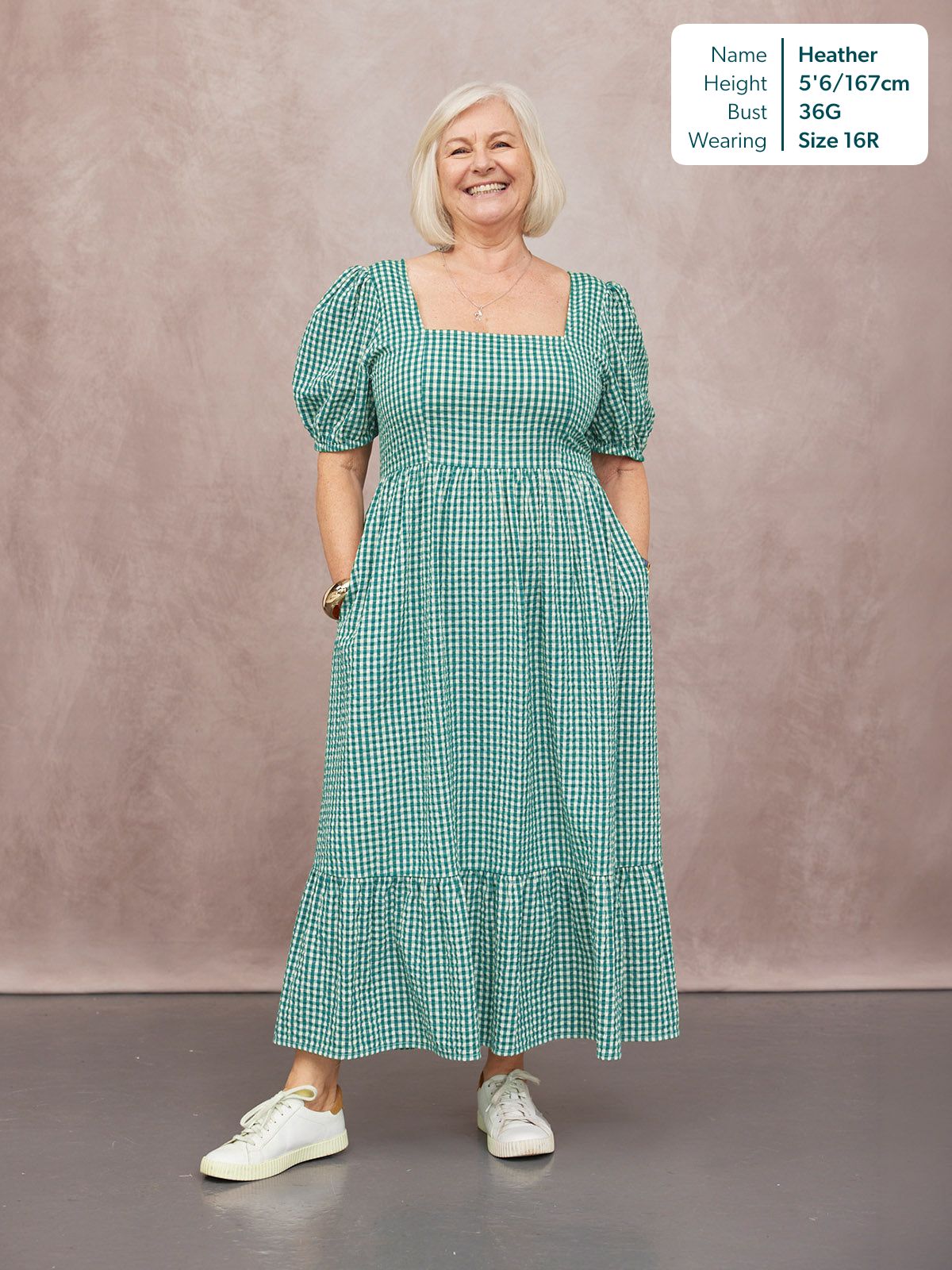 Judy Square Neck Dress - Green Gingham