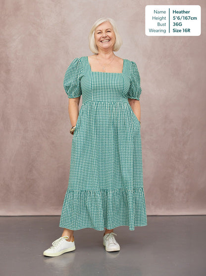 Judy Square Neck Dress - Green Gingham