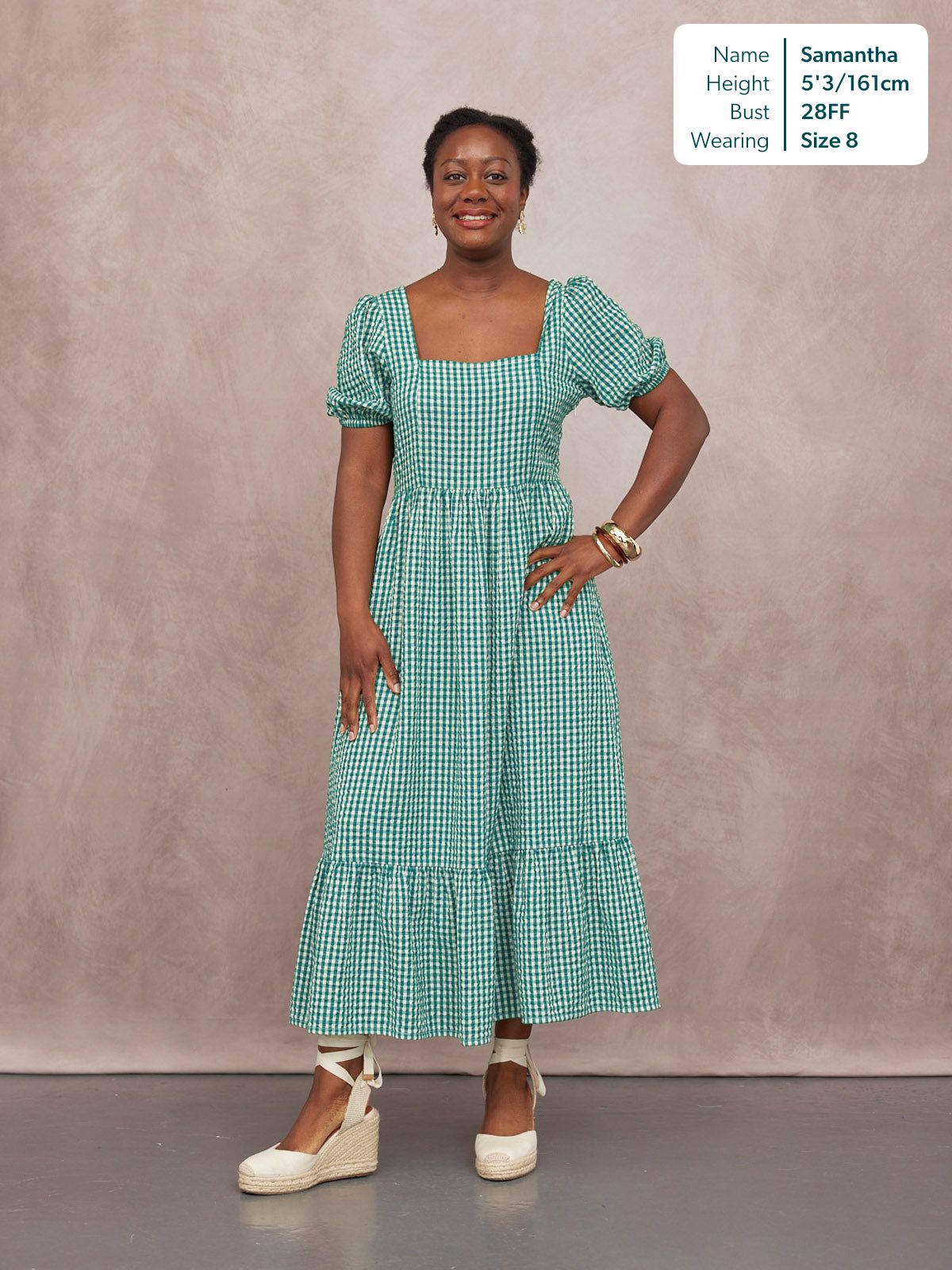 Judy Square Neck Dress - Green Gingham