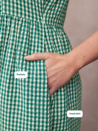 Judy Square Neck Dress - Green Gingham