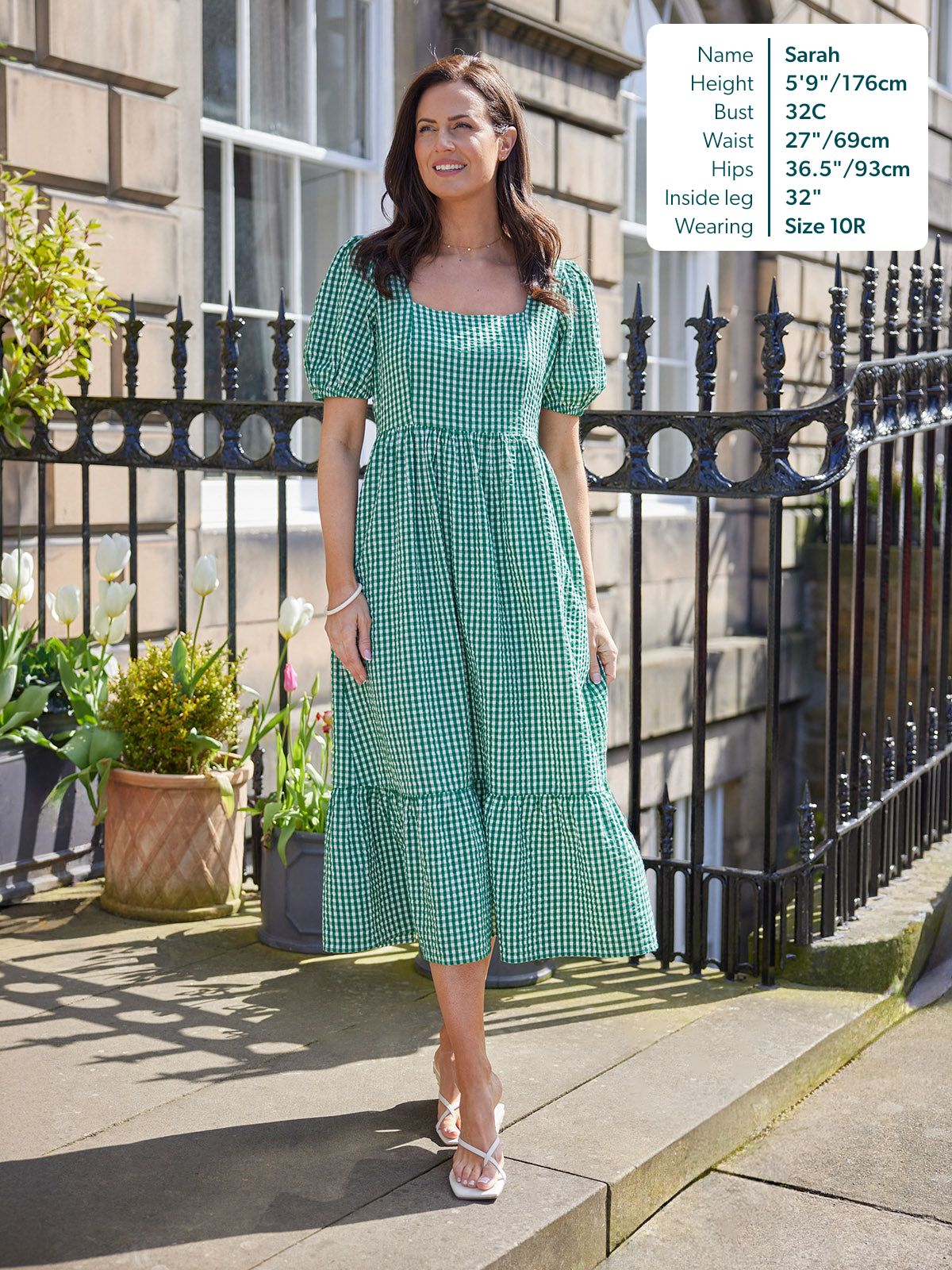 Judy Square Neck Dress - Green Gingham