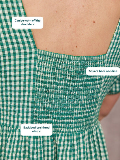 Judy Square Neck Dress - Green Gingham