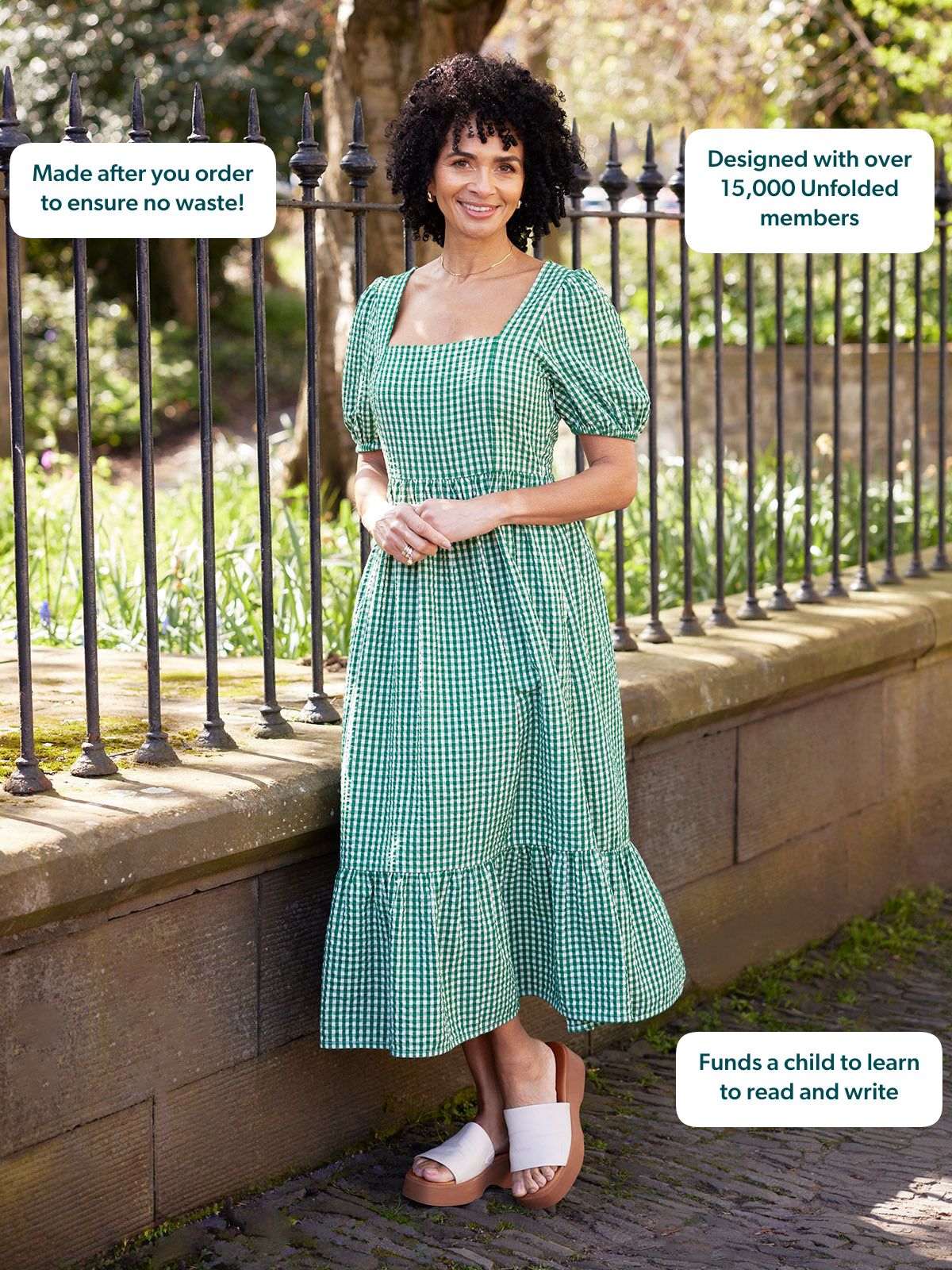 Judy Square Neck Dress - Green Gingham