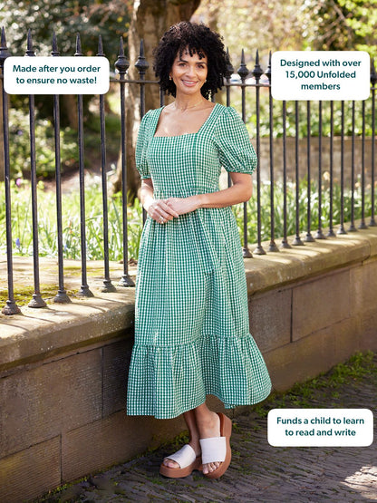 Judy Square Neck Dress - Green Gingham