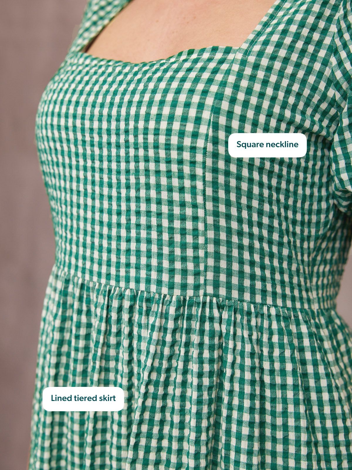 Judy Square Neck Dress - Green Gingham