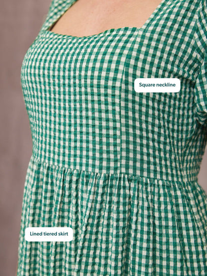 Judy Square Neck Dress - Green Gingham