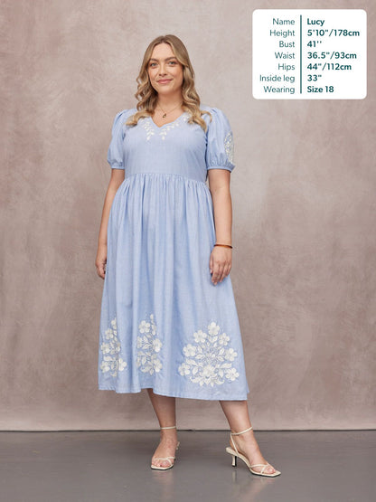 Lola Embroidered Relaxed Dress - Blue & White