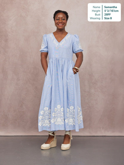 Lola Embroidered Relaxed Dress - Blue & White