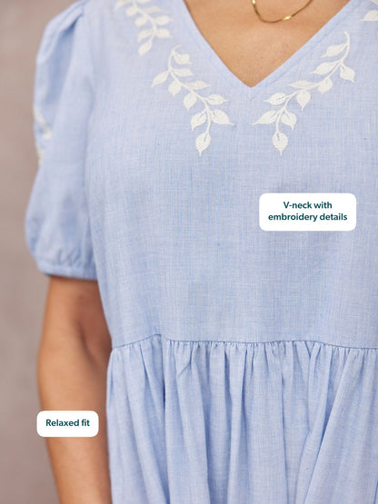 Lola Embroidered Relaxed Dress - Blue & White